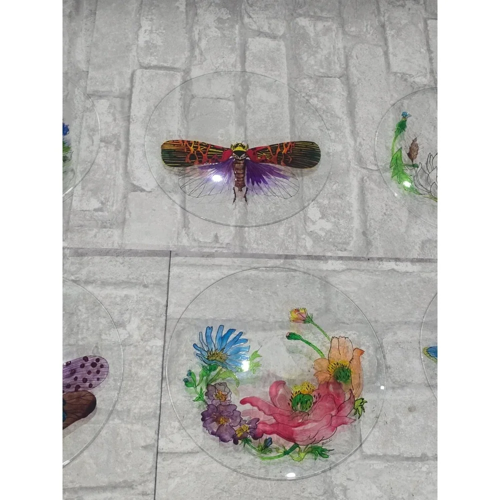 Hand painted‎ Signed Glass Salad Dessert Plates Reverse Floral Entomologist